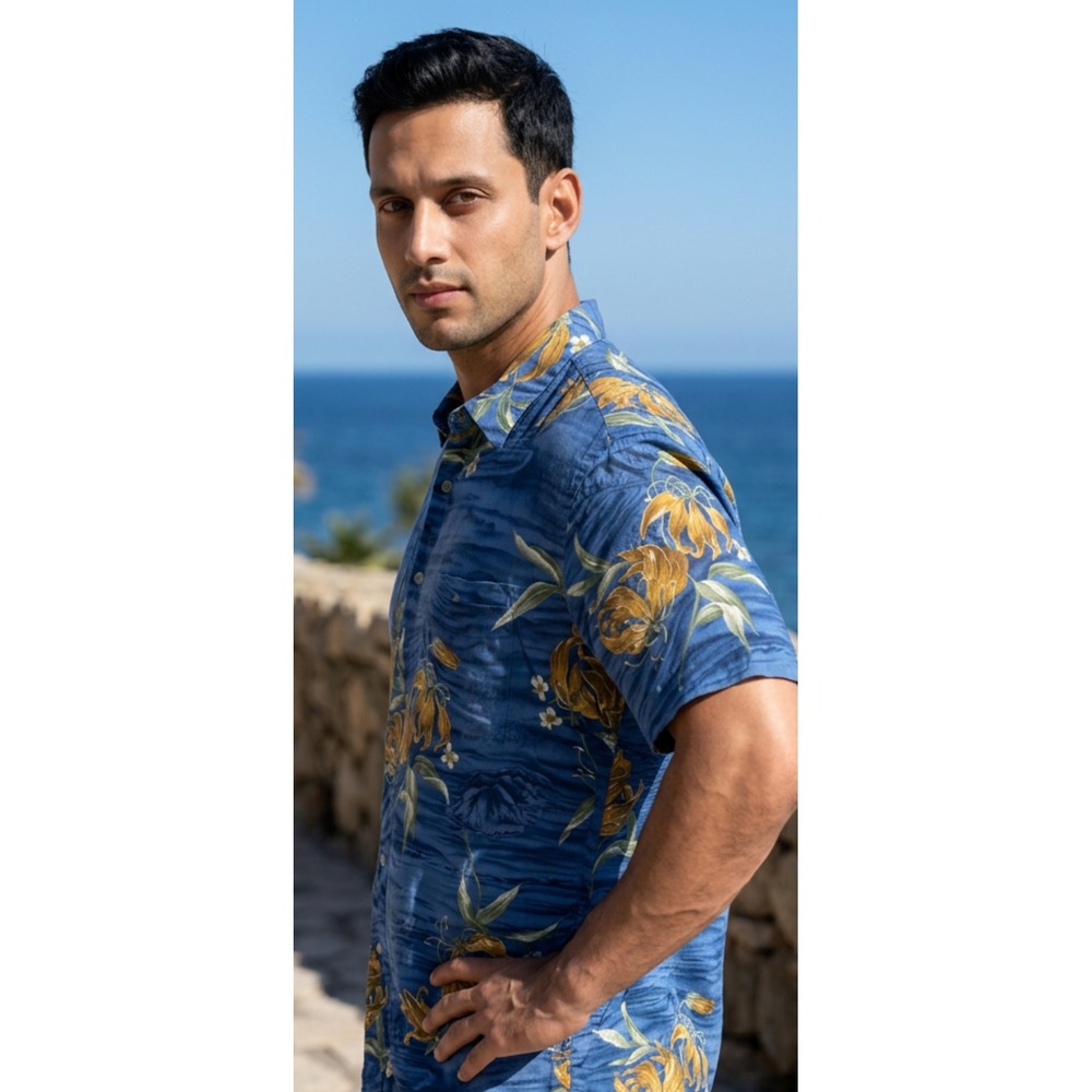 Pierre Cardin Mens Blue Tropical Floral Rayon Short Sleeve Button Up Shirt M